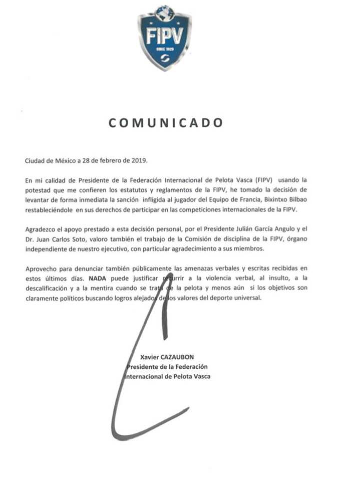 [AZKEN ORDUKOA]
Bixintxo Bilbaori ezarri zigorra kentzea erabaki duela jakinarazi du Xavier Cazaubon Nazioarteko Pilota Federazioko presidenteak <a href="/jokoz_kanpo/">jokozkanpo</a>