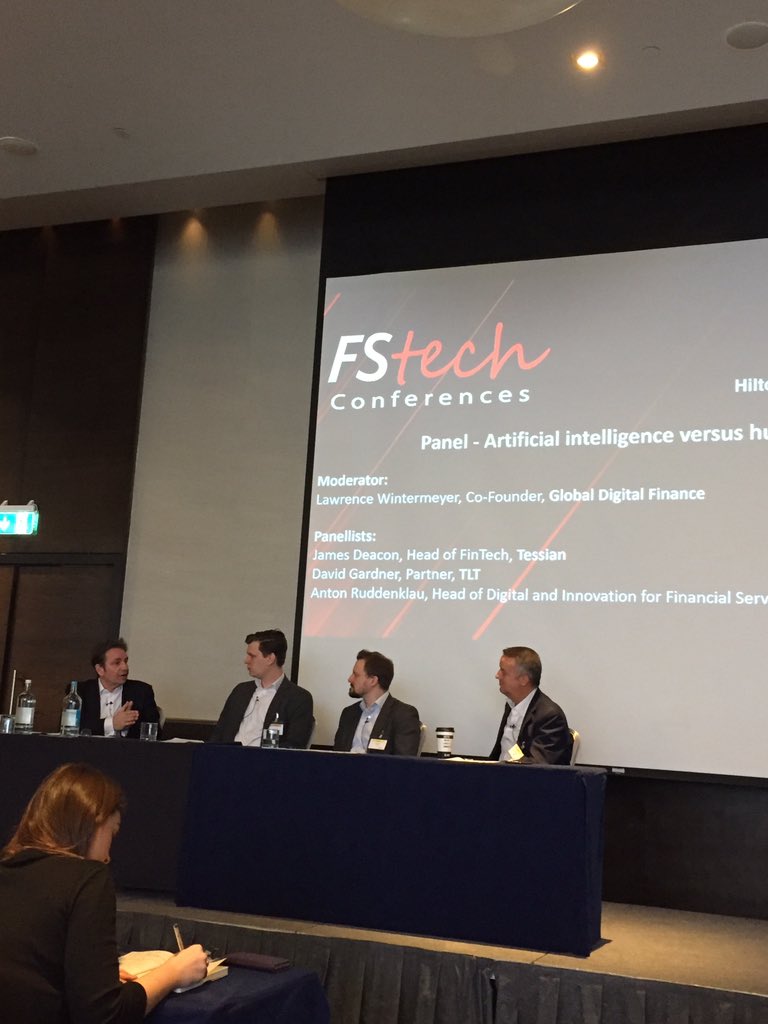 heavens_lucy's tweet photo. “We should be educating people that #AI is best used to empower people and enable better decision making.” Panel discussing #ArtificialInteligence vs human #risk at #regtechlive19 #regtech https://t.co/ag8MQGjbFT