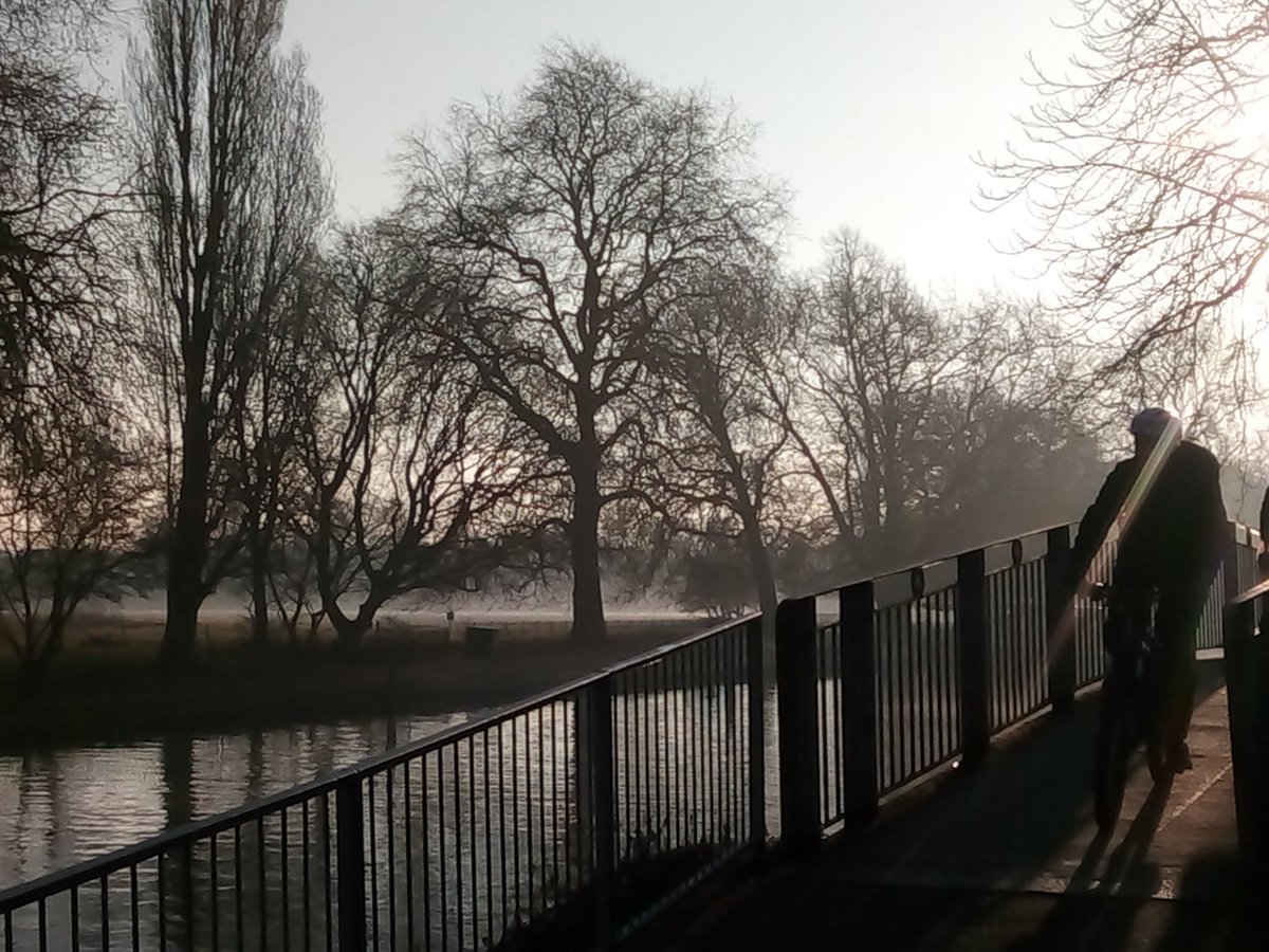 oxfordbusiness's tweet photo. What a lovely way to commute to work; cycling on the tow path along the River Thames on an atmospheric, misty morning. #oxford #RiverThamesSA #rowing #christchurchmeadows #oxfordphotos #commutetowork https://t.co/fMBWdAMxti