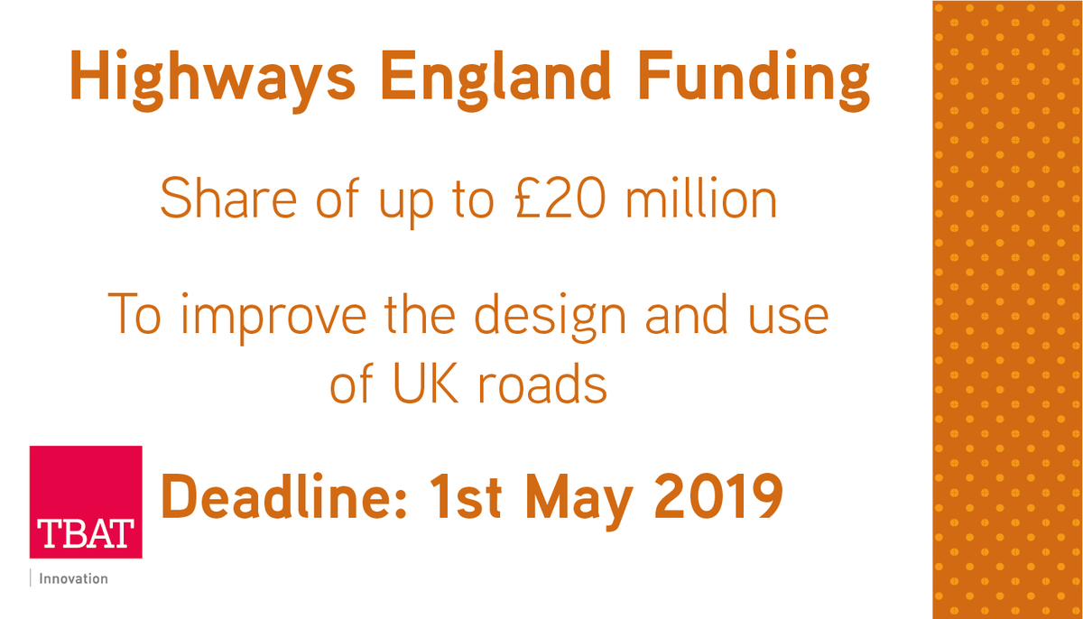 TBATinnovation's tweet photo. Apply for a share of £20 million from @HighwaysEngland & @innovateuk for development in the following areas: #design #construction #maintenance #energy #customermobility #CAV #airquality. More details here - https://t.co/tWpUaNodqY #funding #innovation #SBRI https://t.co/7phaRmcpAi