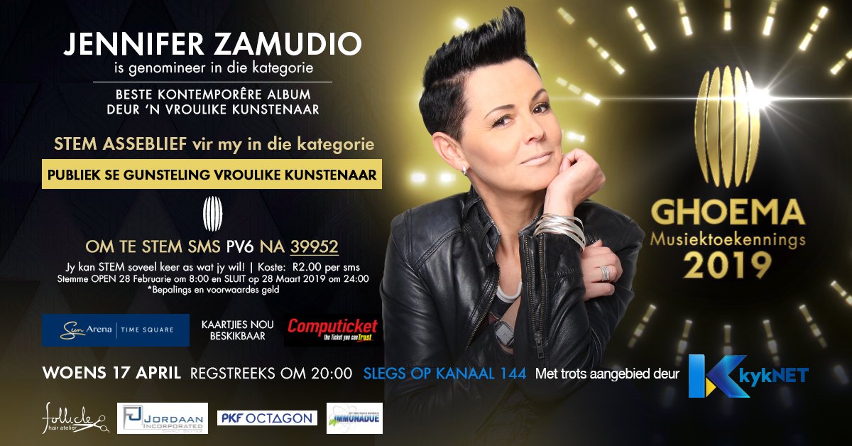 JENNIFER ZAMUDIO benoem vir GHOEMA 2019 met "Goud is my woorde"!!!! Jy kan STEM vir PUBLIEK SE GUNSTELING VROULIKE KUNSTENAAR deur PV6 te SMS na 39952! (Sms kos R2) **STEM ASB** <a href="/RindiMaritz/">Rindi Maritz</a> @Ghoema2018