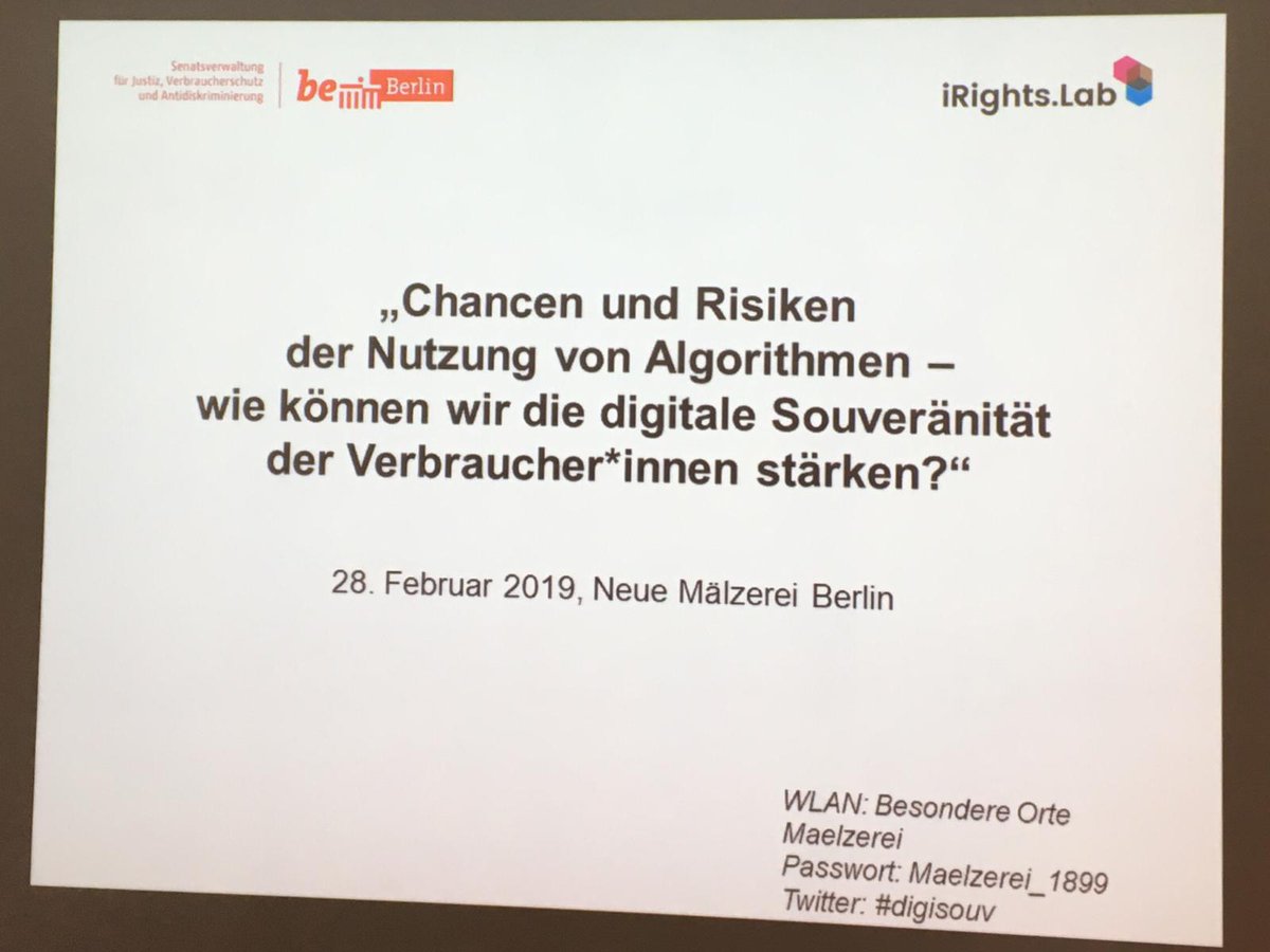 KijufiJ's tweet photo. Wir sind heute auf der Veranstaltung "Chancen und Risiken der Nutzung von Algorithmen - wie können wir die digitale Souveränität der Verbraucher*innen stärken?" unterwegs. Spannendes Programm! #irightslab #svfürjustizverbraucherschutzantidiskriminierung #digisouv #kijufi # https://t.co/Y06lUhaI1f