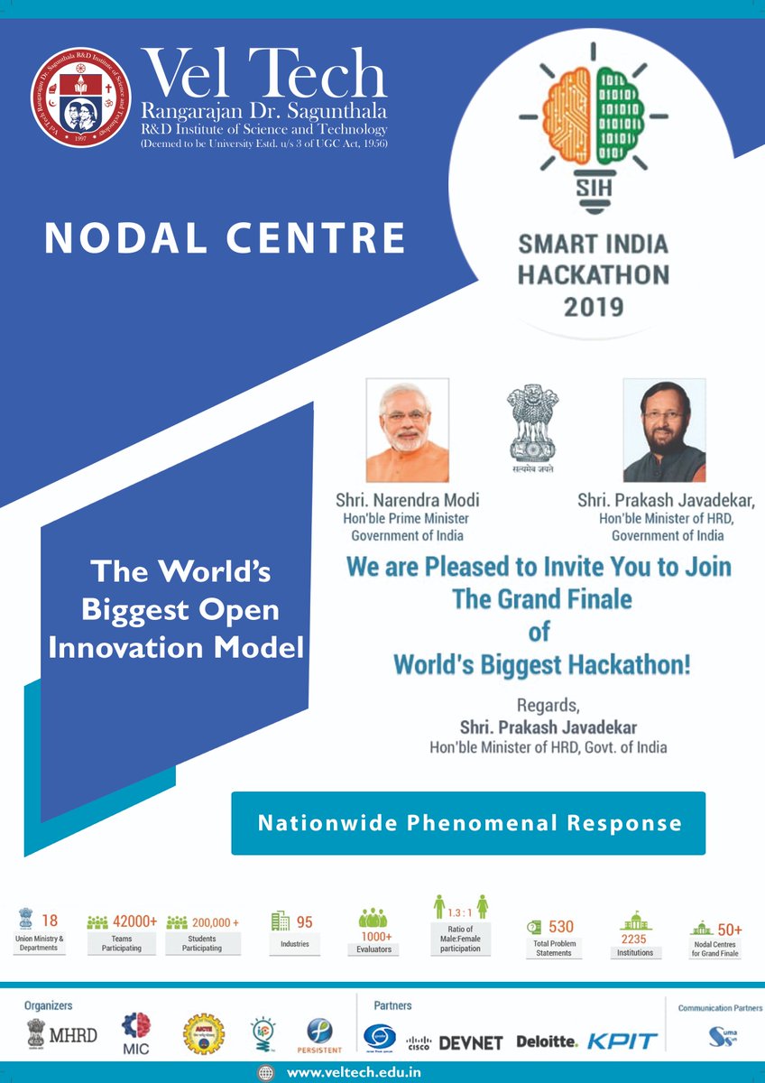 veltechofficial's tweet photo. #SIH2019 #SIH2019_GrandFinale 
#Vel_Tech_SIH2019 Nodal Center 
#SmartIndiaHackathon2019 promotes Out of Box Thinking of Young Minds
#Open_Innovation_Model
#Smart_Innovators for #Smart_India
#MHRD #AICTE #Persistent #i4c #MHRDInnovationCell
#StudentInnovation https://t.co/uVtVzSm7rK