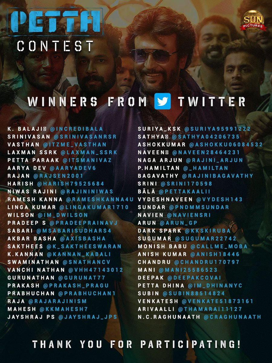 sunpictures's tweet image. On this special occasion, we are congratulating the #PettaContest winners! Here are the lucky winners who are getting an autographed poster from the Petta crew. Thanks for participating! 

#PettaMaranaMass50Days