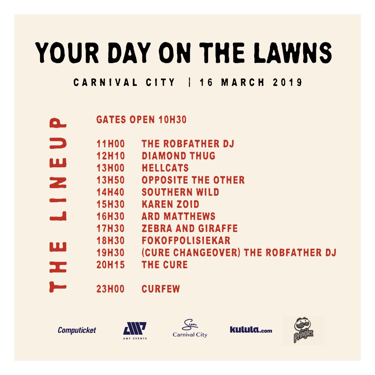 Here we go rockers. Are you ready to hit the lawns for the best day of 2019??? The lineup for #rockonthelawns JHB, <a href="/CarnivalCitySA/">Carnival City</a> on 16 March. Remember that besides the great music there are plenty of food trucks, beer gardens, etc. Come early &amp; make a day of it. See you soon!