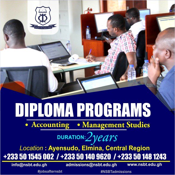 NSBTGhana's tweet photo. We run diploma programs too. Don't miss your opportunity to apply today. https://t.co/Keb2metdc0. #NSBT #YouTooCanApply Call us: 0209 698 278 | 0501 481 243 https://t.co/fVFTxzAbZS