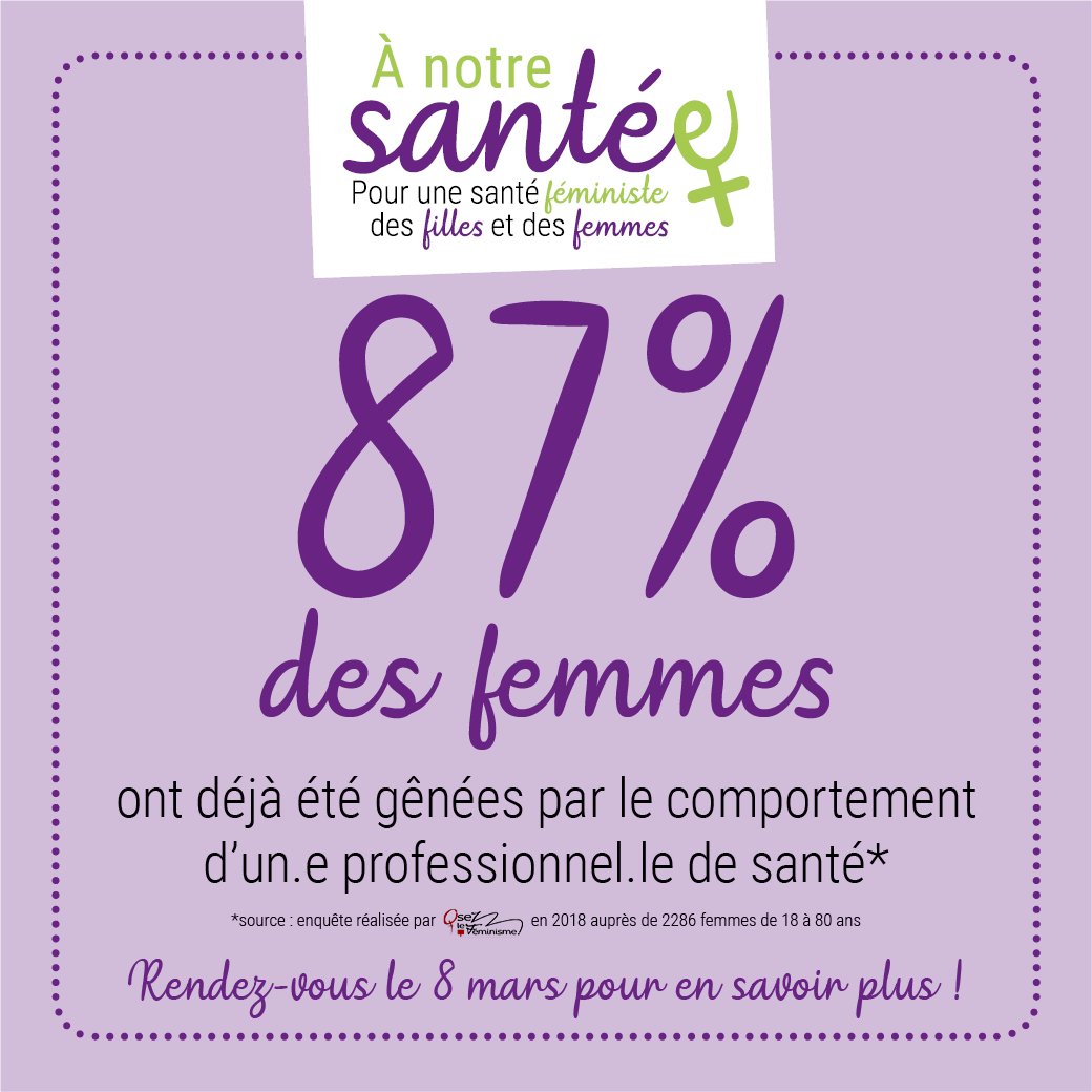 #Anotresantée 87% des femmes ont été génées par le comportement d'un.e professionnel.le de santé, selon la grande enquête d'OLF. Enquête, témoignages, podcasts et invitées expertes : RDV le 8 mars pour la soirée de lancement de notre campagne. #8mars 
facebook.com/events/4061310…