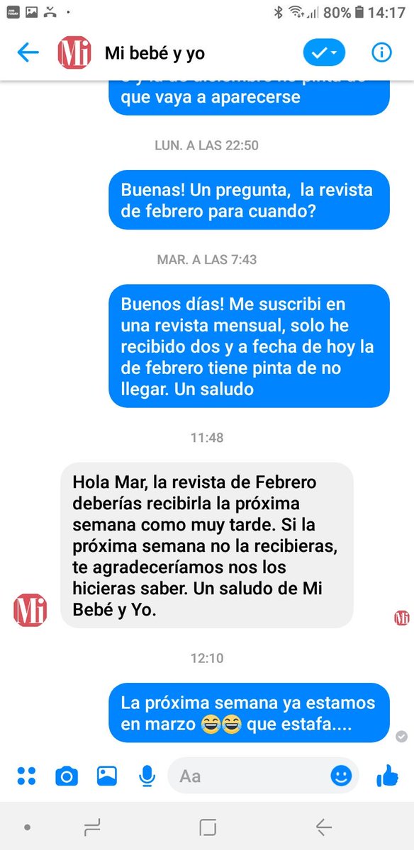 pituficilla's tweet photo. @Mibebeyyo Me llegó la respuesta a través de Facebook,  que la revista de febrero llegará en marzo o sepa dios cuando, pero a la hora de coger el dinerito de las 12 revistas mensuales no tardasteis tanto..... https://t.co/oOlBs6iaL1