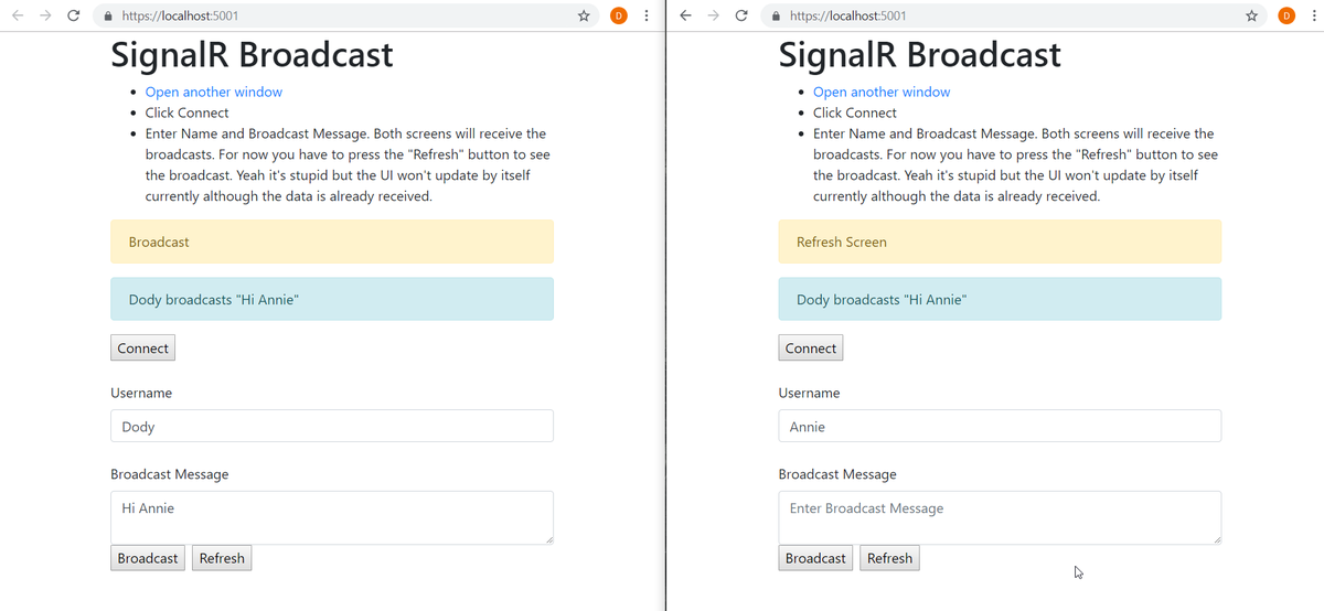 dodyg's tweet photo. It took me three hours to get this working to this state.
This is a RazorComponent App that uses its own SignalR to communication app data.
It's working except that the UI don't update automatically when the data is received. Bleh. WIP.
#aspnetcore #razorcomponent #signalr https://t.co/DhtRVpnGEP