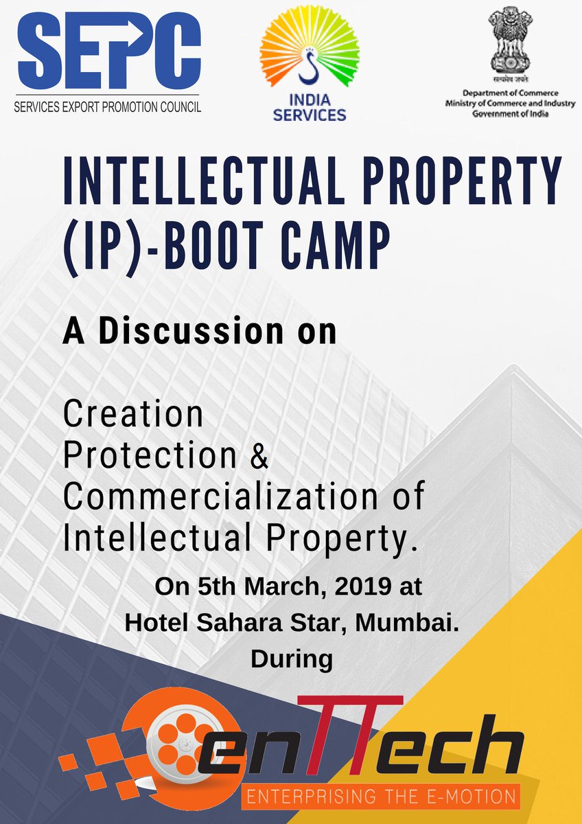 Sepc_India's tweet image. #TopicAlert #IPBootcamp  

DAY 2,  on 5th March, 2019 at #enttech2019 with @Sepc_India

Topic: An Interactive Discussion on Intellectual Property&apos;s

Visit: enttechindia.com for more details.

@DoC_GoI @CimGOI @ipr_india @ManeckD @AnibrainVFX @MayaMovies @MEAIndia @EW