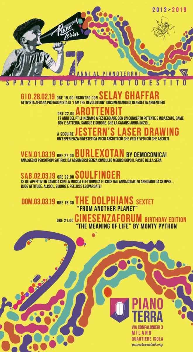 7 anni di #autogestione 7 anni di #resistenza e #occupazione nel cuore della città vetrina 4 giorni di festa buon compleanno <a href="/pianoterralab/">PianoTerra</a> programma completo sul telegram <a href="/OffTopic_lab/">Off Topic</a>  t.me/offtopic_lab/2… con <a href="/ApeMilano/">Ape Milano</a>
