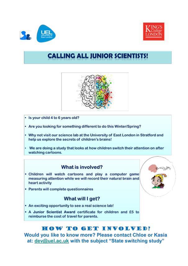 ISEY_uel's tweet photo. Our lab is looking for junior scientists (4-6 years) to take part in a new study exploring how children switch their attention on after watching cartoons. See below for more information! https://t.co/HgTIap8AvL