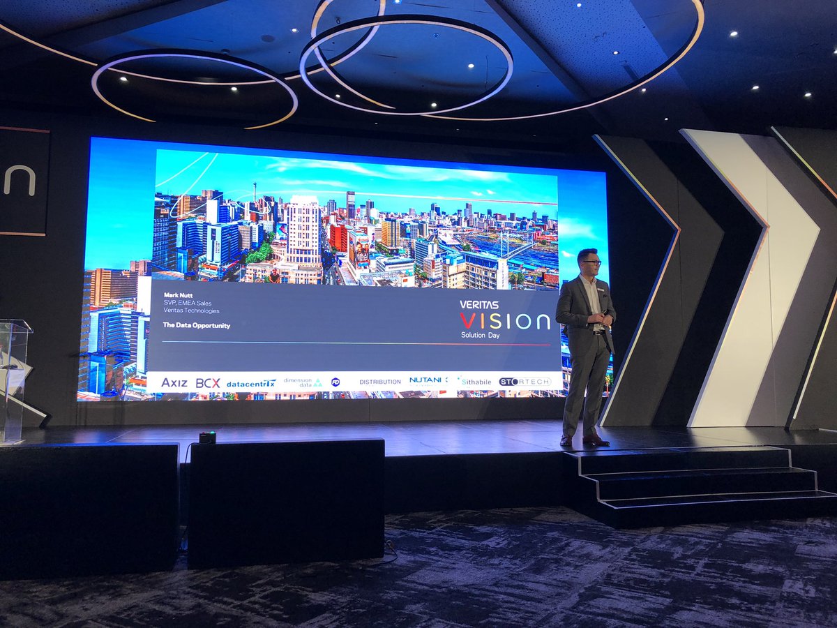 VeritasTechEMEA's tweet photo. Mark Nutt, SVP EMEA Sales takes the stage at #VtasVision a Johannesburg he says data has the potential to change everything but comes with risk. Execute on data effectively and you will create new opportunities and disrupt traditional markets. #DigitalTransformation https://t.co/0tYiyMIlOA