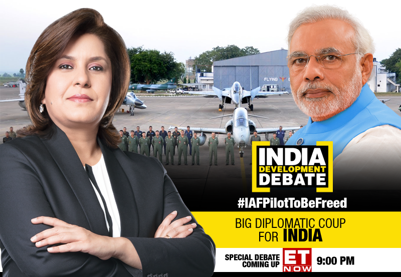 ETNOWlive's tweet photo. #IAFPilotToBeFreed | Pakistan will release captured #IndianAirForce Pilot tomorrow, is it a big diplomatic coup for India? Watch #IndiaDevelopmentDebate at 9:00 pm. #WelcomeBackAbhinandan #SayNoToWar https://t.co/T1CClTrVAs