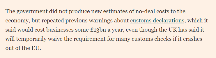 3/ "Perhaps some modest transition costs" to No-Deal concedes Mr Abbott. Maybe he means the DExEU report saying compliance costs to business of new customs declarations alone will be £13bn p/a. For a PM who doubled our national deficit, I guess that's "modest,"