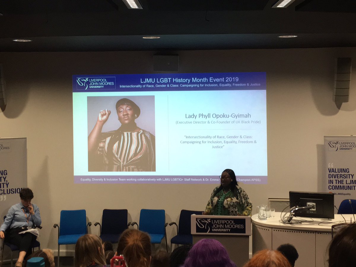 Lady Phyll, co-founder of <a href="/ukblackpride/">UK BLACK PRIDE</a> speaking on grassroots activism and challenging inequalities faced by the black lgbtq+ community <a href="/LJMUEquality/">LJMUEquality</a> #inclusion #LGBTHM19