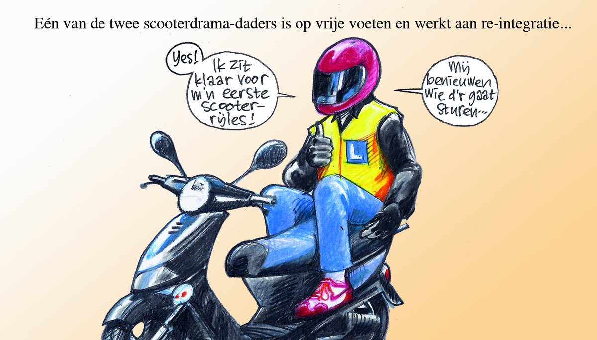 Vandaag in <a href="/DeGelderlander/">De Gelderlander</a>: Eén van de twee scooterdrama-daders is op vrije voeten en werkt aan re-integratie... #cartoon #scooterdrama #overval #bestuurder #bnnvara #rijles #reintegratie #scooter