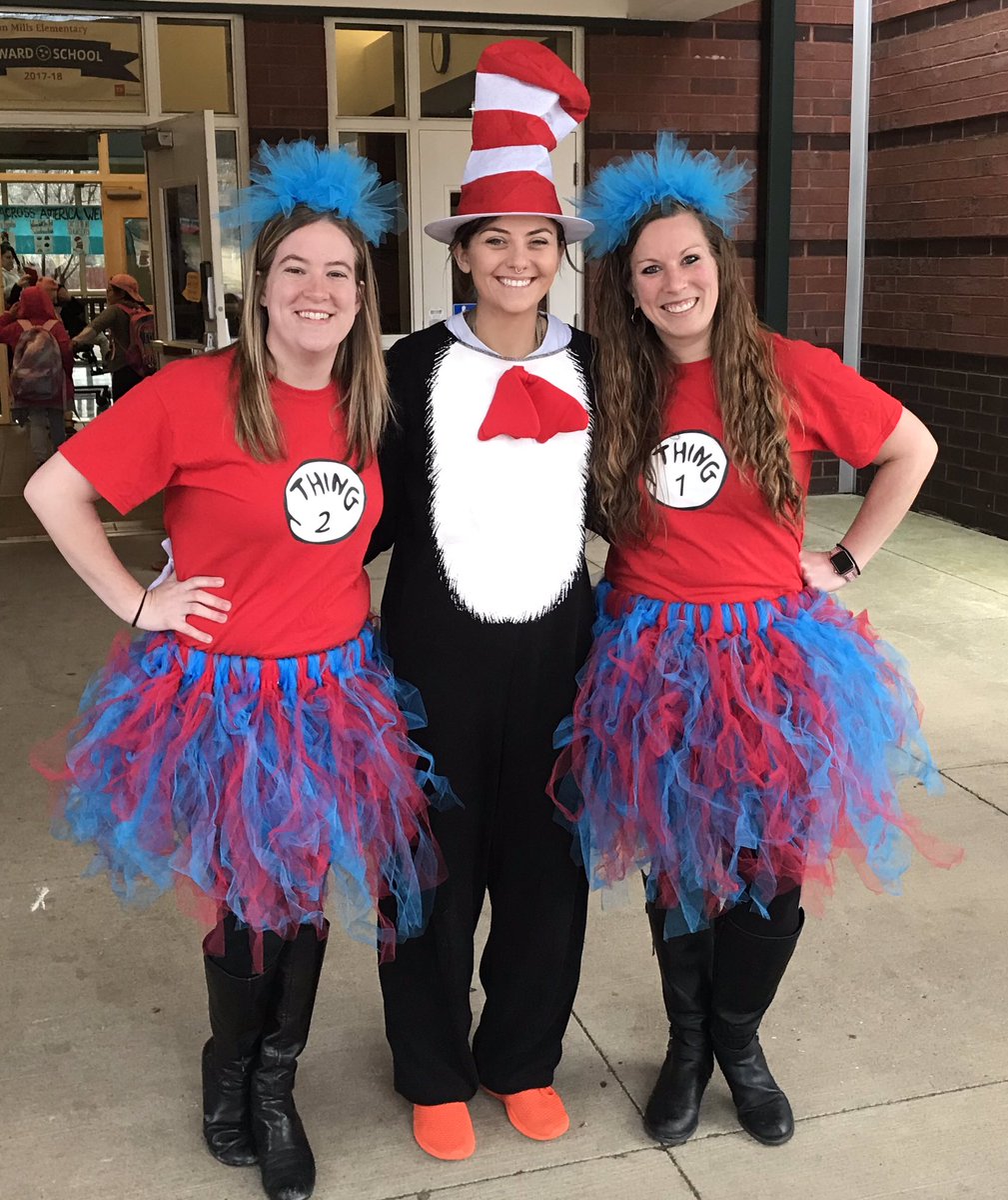 danmillses's tweet photo. Shout out to the Cat in the Hat and Things 1 and 2 (aka Ms. Coleman, Ms. Stevens, and Mrs. Jackson) for greeting our students this morning! #ReadAcrossAmericaWeek @DanMillsPTO https://t.co/X0U1LYrwUl