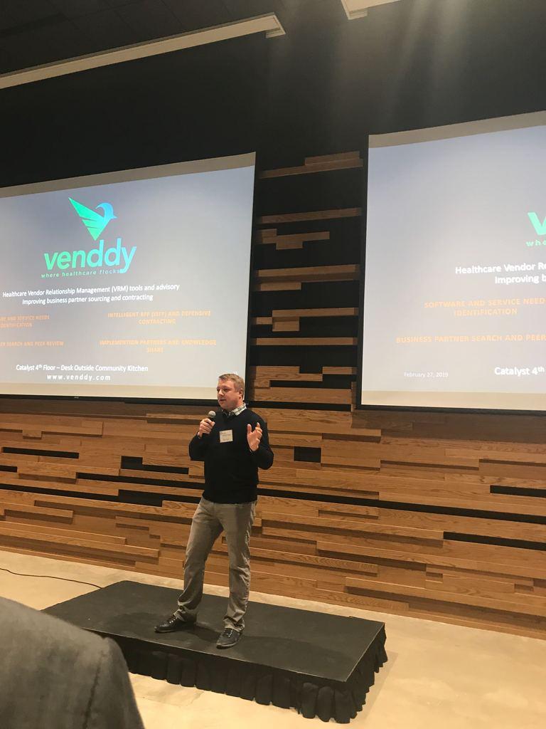 venddyllc's tweet photo. The @CatalystHTI Micro Pitch event last night was a blast! So many great companies here in Colorado helping to #innovatehealthcare. Here's @emckesso putting our 30 seconds in! #community #healthcare #neighborhood #aim2innovate #pinksocks https://t.co/yn5kdeQcj9