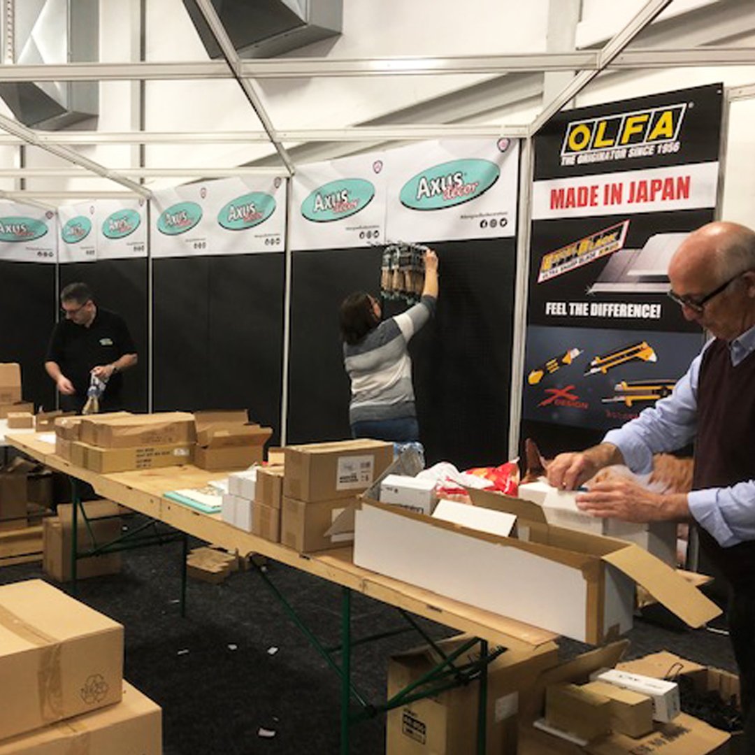 AxusDecor's tweet photo. Set up is underway for tomorrow’s FFX Tool Show. Hope to see you there! #axusdecor #designedbydecorators #ffxtoolshow #tooshow2019 #setup #display #products #olfa #olfacuts #powerofx #tools #brushes #scissors #scrapers #cutters #blades #painting 
#decorating #painter #decorator https://t.co/XOOm7ytg7q