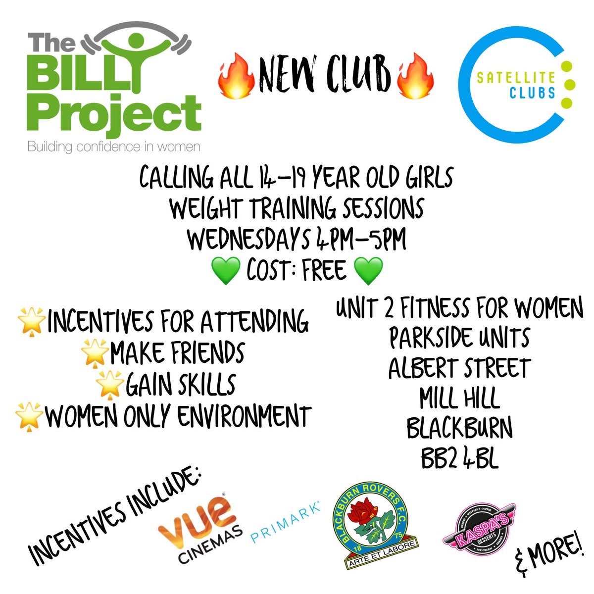 The Billy Project (@billyprojectcic) on Twitter photo 🎉ALL NEW SATELLITE CLUB🎉 we’ve been awarded funds from <a href="/ActiveLancs/">Active Lancashire</a> @LancsSatellite to train young ladies ages 14-19 in the gym. Starting 20th March 💪🏽🏋🏼♀️ 🎉ALL NEW SATELLITE CLUB🎉 we’ve been awarded funds from <a href="/ActiveLancs/">Active Lancashire</a> @LancsSatellite to train young ladies ages 14-19 in the gym. Starting 20th March 💪🏽🏋🏼♀️