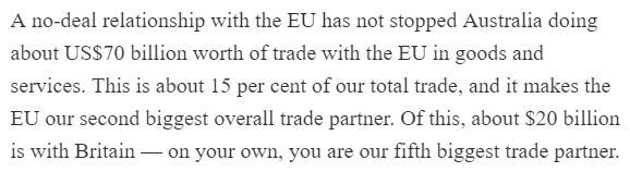 7/ Australia does indeed do $70bn in annual trade with Europe. Of that, about half is our exports. Let's see what that's comprised of. Oh, fantastic. The only two of any significant size are gold and coal. Bulk commodities with 0% tariffs. I hope all you Brits like mining.