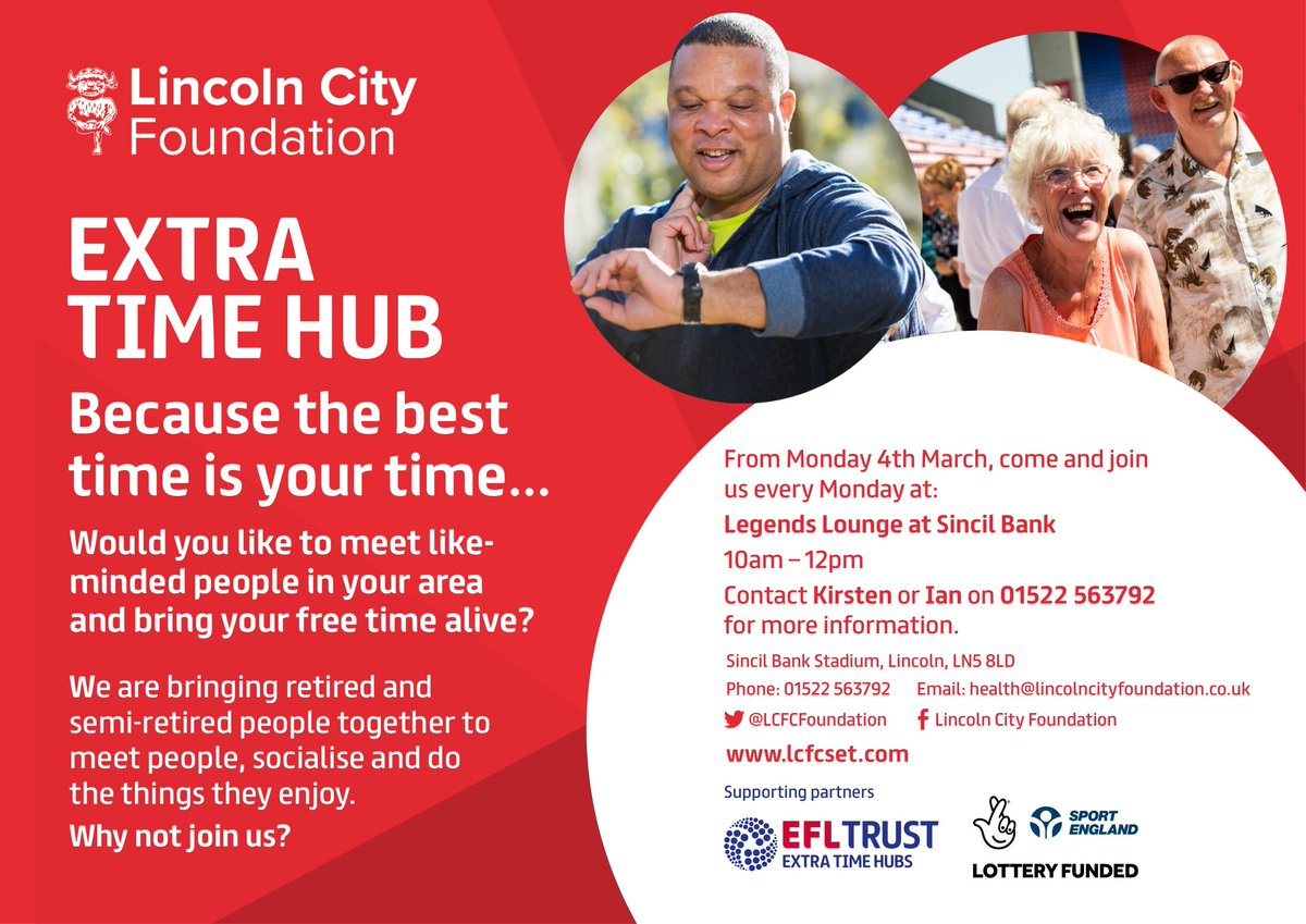 LCityFoundation's tweet photo. Would you like to meet like-minded people in your area and bring your free time alive? Our @EFLTrust @Sport_England #ExtraTimeHub is starting THIS Monday @LincolnCity_FC, we have @ImpsFPA joining us as well as other activities. #ActiveNation #NationalLottery #AgingActive https://t.co/vqy3ZvMnPF