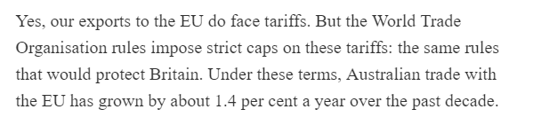 8/ The EU's WTO Schedules (I see we love the WTO again, Mr Abbott. Welcome back!) do indeed keep tariffs in most products low.However, as I have written elsewhere this is not universally true and there are products like beef and lamb where UK exporters face virtual lockout.