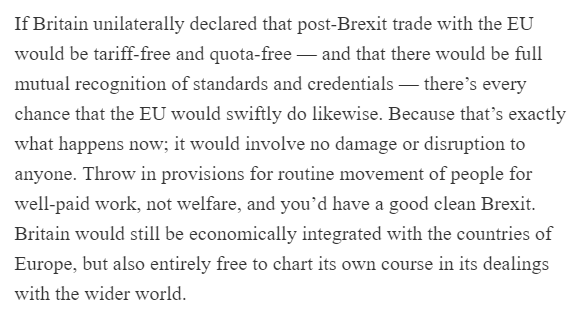 11/ Mr Abbott's prescription for a smooth No-Deal:1. Violate MFN by granting the EU tariff free access;2. Recognize all EU standards (taking back control!)3. Pray the EU reciprocates; 4. Introduce FoM; 5. Ignore how borders work. Why didn't ya'll think of that?