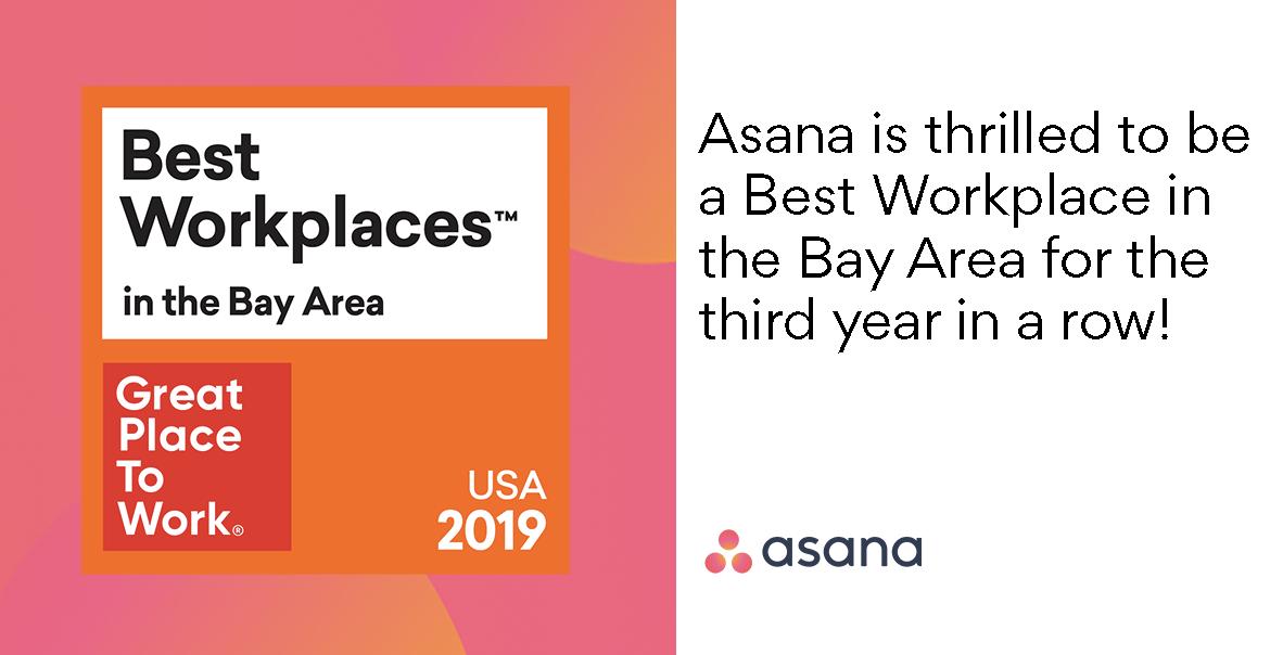 asana's tweet photo. We're thrilled to be #1 on @FortuneMagazine &amp; @GPTW_US Best Workplaces in the Bay Area for Small &amp; Medium Companies, for the 3rd year in a row!🎉https://t.co/w75fQCyrww #BestWorkplaces #teamasana https://t.co/3s9g0RqHJq