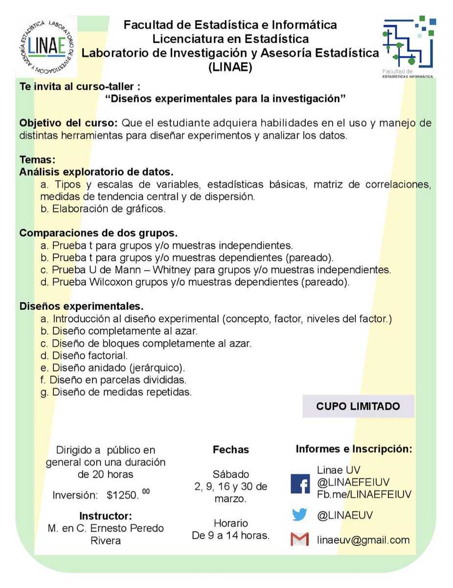 Este sábado iniciamos el primero de varios cursos del periodo feb-jul 2019. Adquiere habilidades en el uso y manejo de distintas herramientas para diseñar experimentos y analizar datos. #AcércateAlLINAE #TeamEstadísticaUV 📊📈✅💻 +Info 👇👇