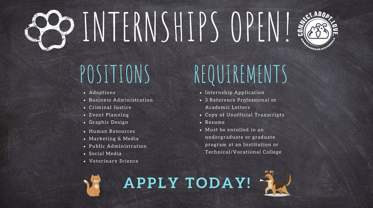 AdoptMiamiPets's tweet photo. Become an #ASDIntern ! With over 10 positions to choose from, you can gain experience in the field of your choice! Don't miss out on a great opportunity & apply! For more info, visit https://t.co/kRgnVKj5vz or email asdinternship@miamidade.gov. https://t.co/dJfKd5zYn2