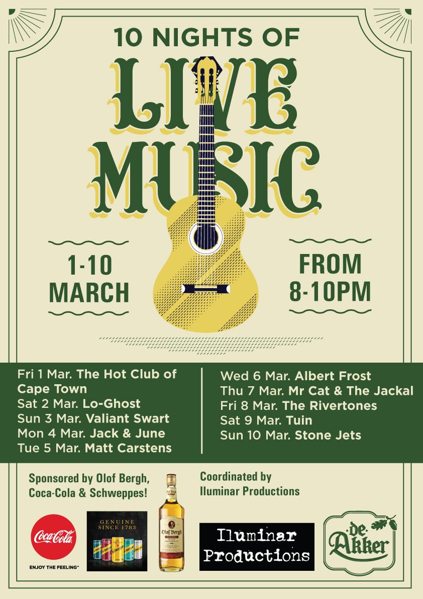 iluminarSA's tweet photo. Great line up at @deakker_pub from 1-10 March. Every night 8-10pm. Check out the line up &amp; be sure to be there for your band of choice. #bringyourfriends! FIRST THREE ACTS: 1/3: #HotClubofCapeTown, 2/3: @loghostmusic , 3/3: @valiantswart hEEhA!  @ShowMeStellies @DieMatie @MFM926 https://t.co/cHSTCQJmK5