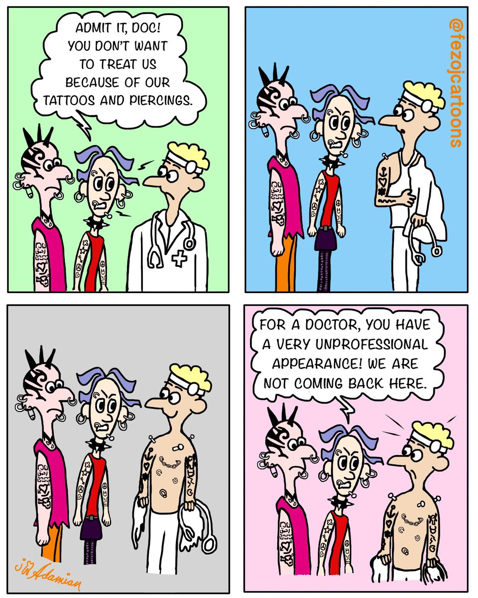 Isle_of_Smile's tweet photo. #Healthcare #Professionals w/ #Tattoos #Piercings
Unprofessional or no one cares anymore?
The latest #Cartoon by #DrAdamian
#BodyArt #Doctor #Medical #Dentist #AngryTeeth #AngryMolars #SocioDentistry #PsychoSocialDentistry #Sociology #DentalHumor #BandeDessinee #WebToon #Comics https://t.co/SZnhfLUwLu