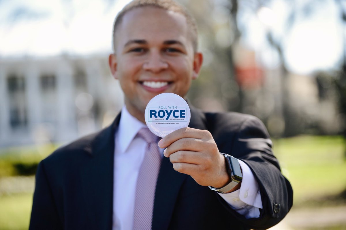 RoyceDickerson's tweet photo. Good morning, students of @CulverhouseUA! I am thrilled to announce my candidacy to be your next Senator. Be on the lookout for a detailed look at my platform and objectives for the year ahead. Who’s ready to #RollWithRoyce https://t.co/jMt3m8HSHX