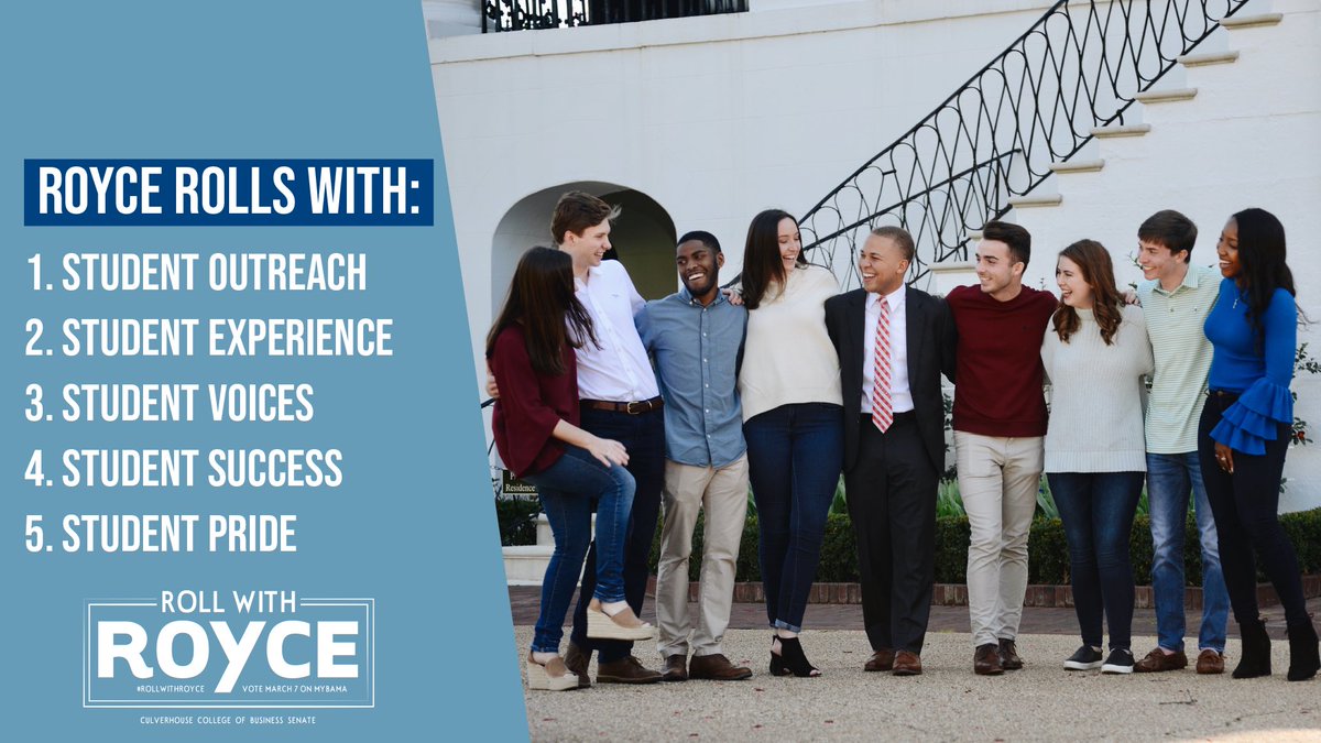 RoyceDickerson's tweet photo. Good morning, students of @CulverhouseUA! I am thrilled to announce my candidacy to be your next Senator. Be on the lookout for a detailed look at my platform and objectives for the year ahead. Who’s ready to #RollWithRoyce https://t.co/jMt3m8HSHX