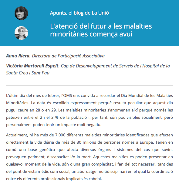 uchcat's tweet photo. Nova entrada a #ApuntsUCH, el blog d’@uchcat: ‘L’atenció del futur a les #malaltiesminoritàries comença avui’, escrita per @AnnaRDom, de La Unió, i Victòria Martorell, de l’@HospitalSantPau #DiaMundialMalaltiesMinoritàries #RareDiseaseDay https://t.co/DMTgx8S08I https://t.co/tknKannuKw
