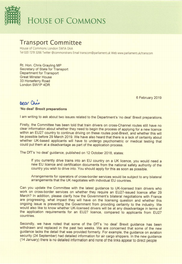 TransportCttee's tweet photo. 1/2 Earlier this month @LilianGreenwood wrote to Chris Grayling about @transportgovuk's no deal Brexit guidance and concerns over whether train drivers would continue to be able to operate UK-EU services post-Brexit.

Read Lilian's letter here: https://t.co/qSNyuLGHc3 https://t.co/XumyTSojKa