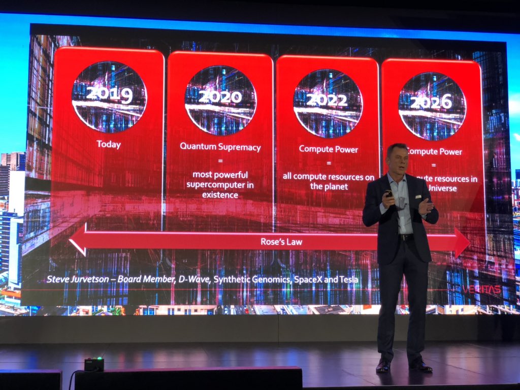 VeritasTechEMEA's tweet photo. Arthur Dell, CTO Emerging says we are living in the land of change and we need to adopt innovation and change for #CompetitiveAdvantage. #DigitalTransformation. 

During his presentation he covered how Rose’s law has displaced Moore’s law with the addition of #QuantumComputing. https://t.co/uigsRc4wYN