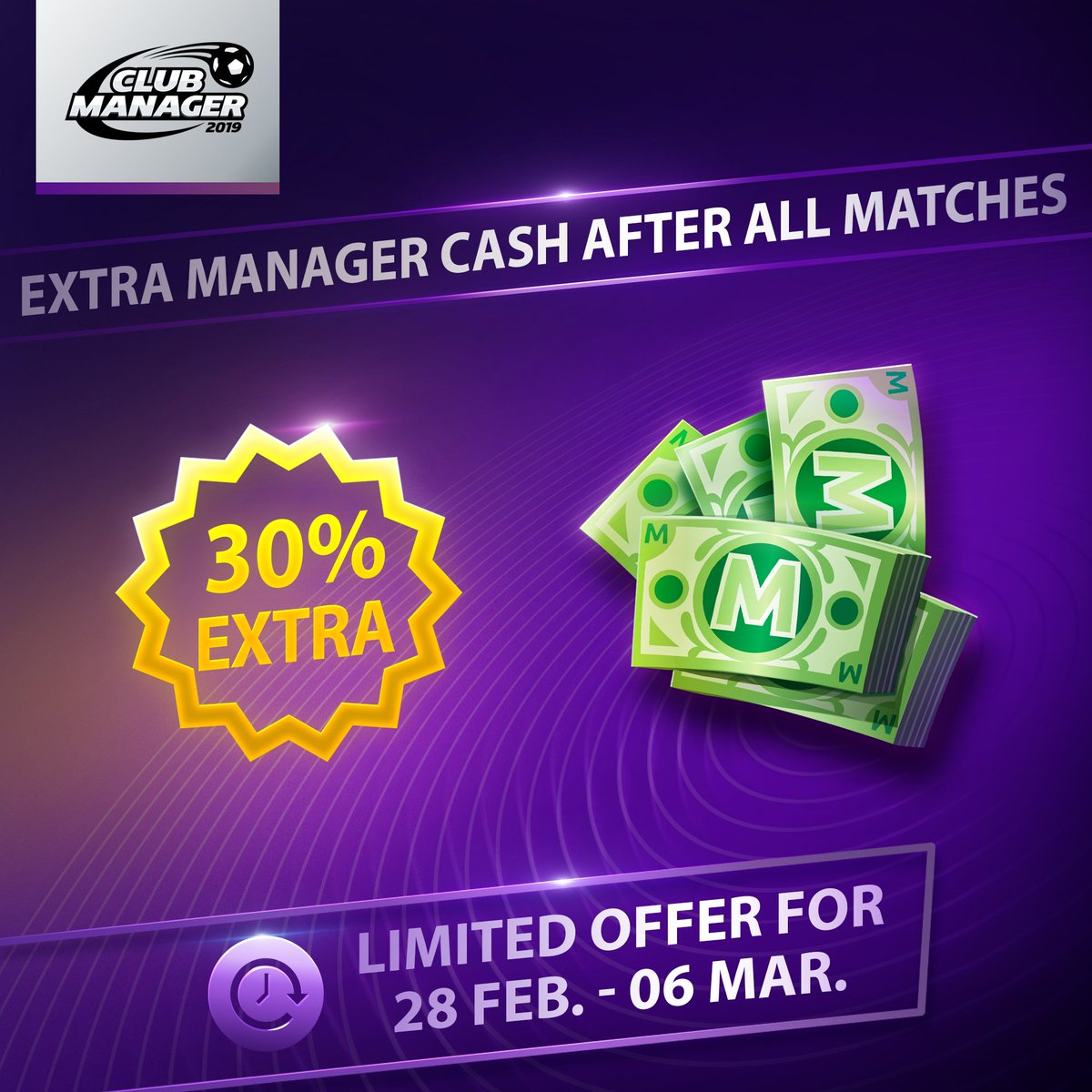 clubmanagergame's tweet photo. For the next seven days, you shall receive an extra 30% Manager Cash for every match you play, whether Division match or Exhibition match.
More details on this event here: https://t.co/fHbU0gpQyT
#cm2019 #football #managercash #event #divisionmatch #exhibitionmatch https://t.co/JN4B37r8Ig