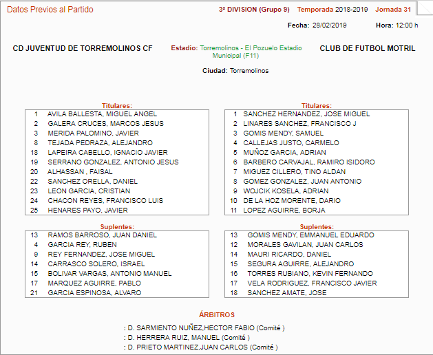 Alineaciones confirmadas para el partido <a href="/JTorremolinosCF/">Juventud Torremolinos CF</a> - <a href="/CFMOTRIL/">C.F. MOTRIL</a>. Comienza en 38'. #J31