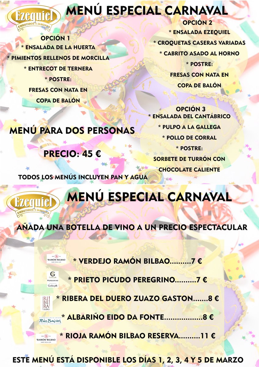 ¡Carnaval, carnaval! 🤡🎉
Os ofrecemos los siguientes menús🍴 para disfrutar en pareja, con amigos o familiares.

📍 #CasaEzequielVillamanín
🗓 Desde el 1 al 5 de marzo
☎️ 987598497
📧 reservas@embutidosezequiel.es