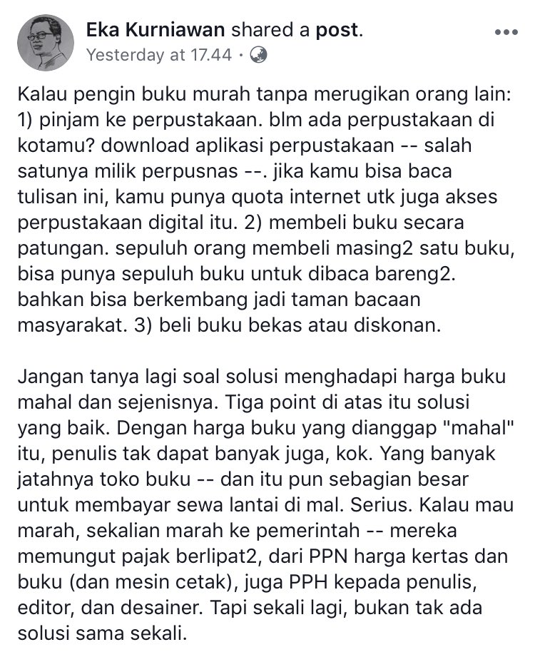 Solusi menghadapi harga buku mahal, dan sejenisnya.

#StatusEka