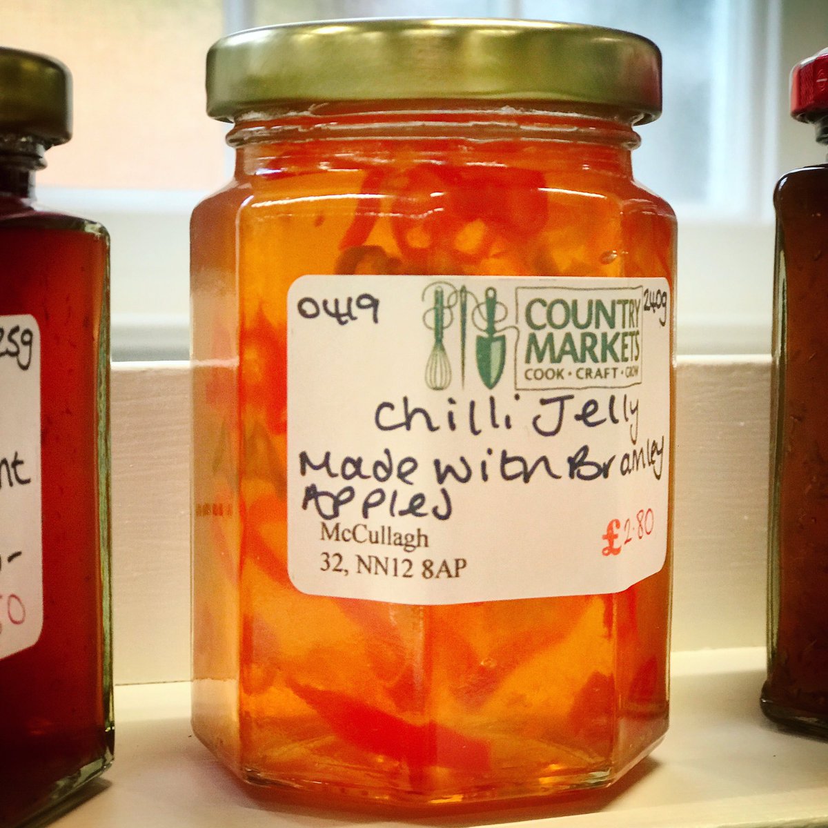 TowcesterMarket's tweet photo. The sun may not be shining today - maybe because it appears to have been bottled in this Chilli Jelly! Delicious with cheese and crackers.
We’re open until 11:30am today.
#towcestercountrymarket #chillijelly #homemadeproduce #buylocal #cookcraftgrow  @NorthantshourUk https://t.co/436fOhjBkM