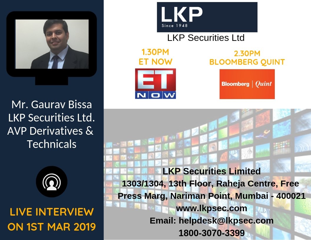 LKPSECURITIES's tweet photo. #LKPSecMediaBytes
@BissaGauravB live interview on 1st Mar 2019 at 1.30pm @ETNOWlive & at 2.30pm on @BloombergQuint #liveinterview #marketnews #marketupdates #stockmarkets #marketviews #stocks #stockupdates #stockideas #stockviews #stocknews #bloombergquint #etnow #lkpsec https://t.co/714s1cMuik