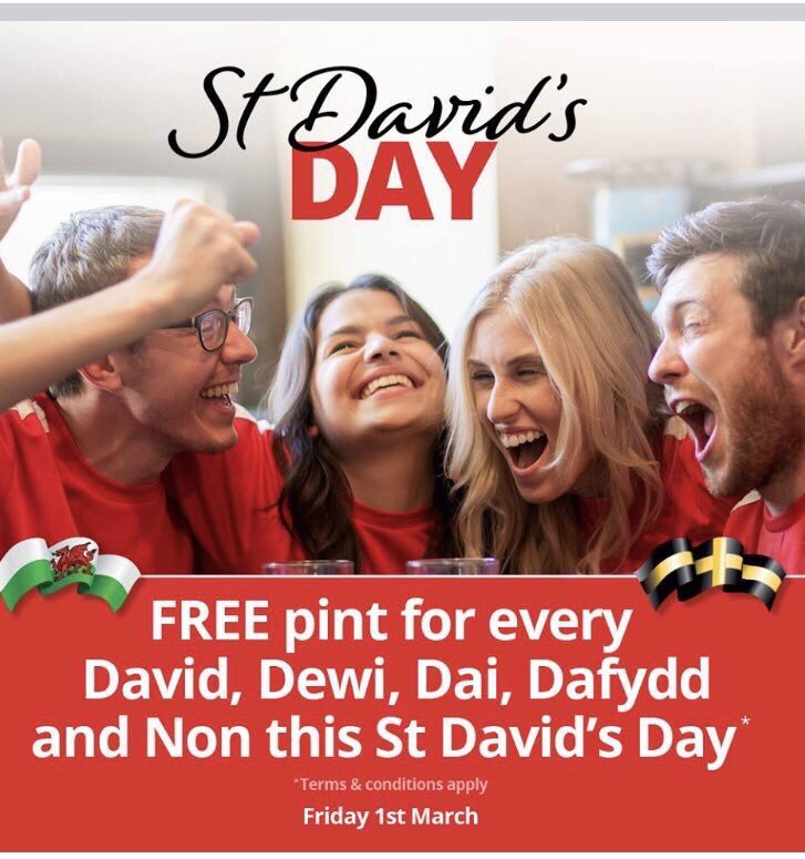 Hen_Chicks's tweet photo. Join us tomorrow when #SA will be £2 all day! And if you’re called David, Dewi, Dai, Dafydd or Non have a free pint on us! #StDavidsDay #sabrain https://t.co/68aU0fjpF7