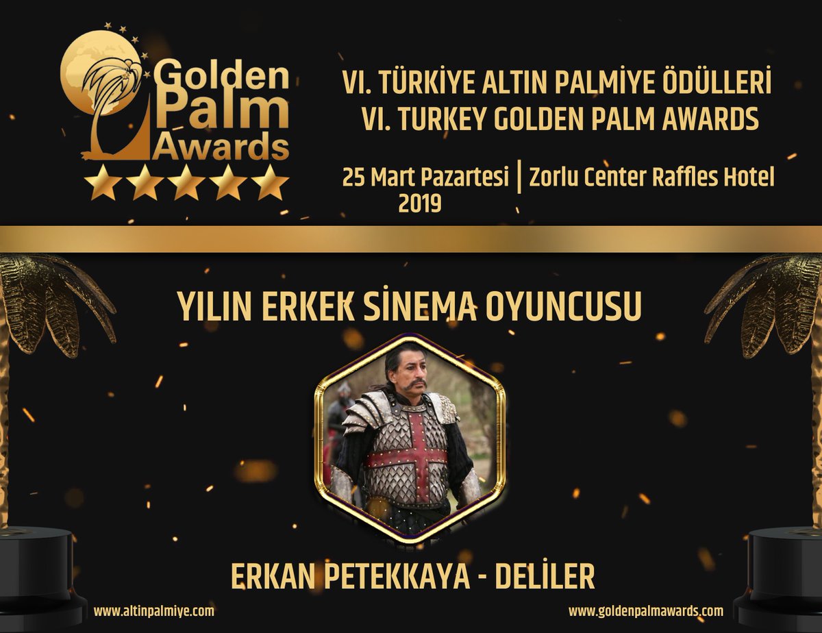 6. Turkey Golden Palm Awards (6.Türkiye Altın Palmiye Ödülleri) halk oylaması sona erdi. altinpalmiye.com üzerinden yapılan halk oylaması sonucu ‘Yılın Erkek Sinema Oyuncusu’ 25.017 oyla Erkan Petekkaya oldu.