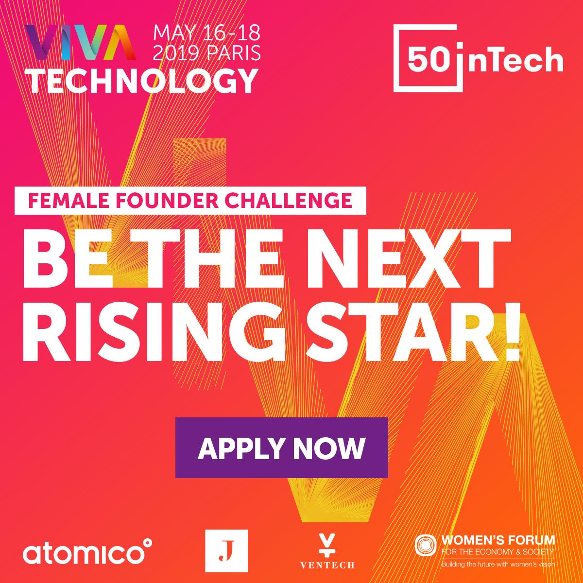 VivaTech's tweet photo. Calling all women led #startups! Apply to our Female Founder Challenge with @50intech for the chance to enhance your business &amp; win a speaker spot at the Women’s Forum Global Meeting in Paris! ✨

➡️ https://t.co/wpyS0FM9F7 https://t.co/8JK8taVrUN
