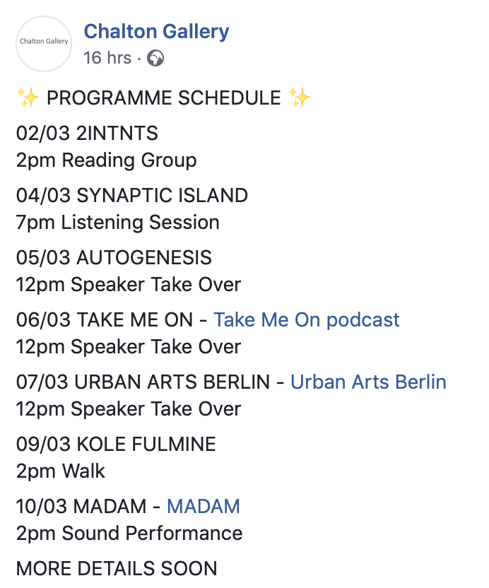 2Intns's tweet photo. Schedule announced for upcoming exhibition @chaltongallery with @cate_gobbi, Synaptic Island, Autogenesis Magazine, Urban Arts Berlin, Kole Fulmine, and Madam // more details tba https://t.co/Ek2ayeLlCE