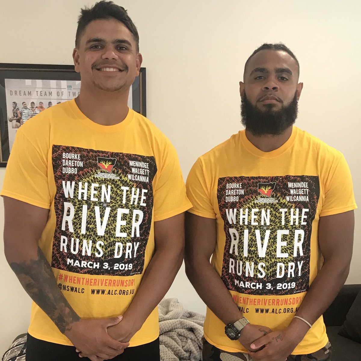 Our official #WhenTheRiverRunsDry T-shirt’s for Sunday’s day of action have launched. We’re so grateful to <a href="/NSWRL/">NSW Rugby League</a> <a href="/NRL/">NRL</a> star Latrell Mitchell &amp; <a href="/sydneyroosters/">Sydney Roosters 🐓</a> teammate <a href="/BalaBernard/">bernard_bala</a> for supporting this campaign &amp; bringing awareness to the #MurrayDarling water crisis #rugbyleague